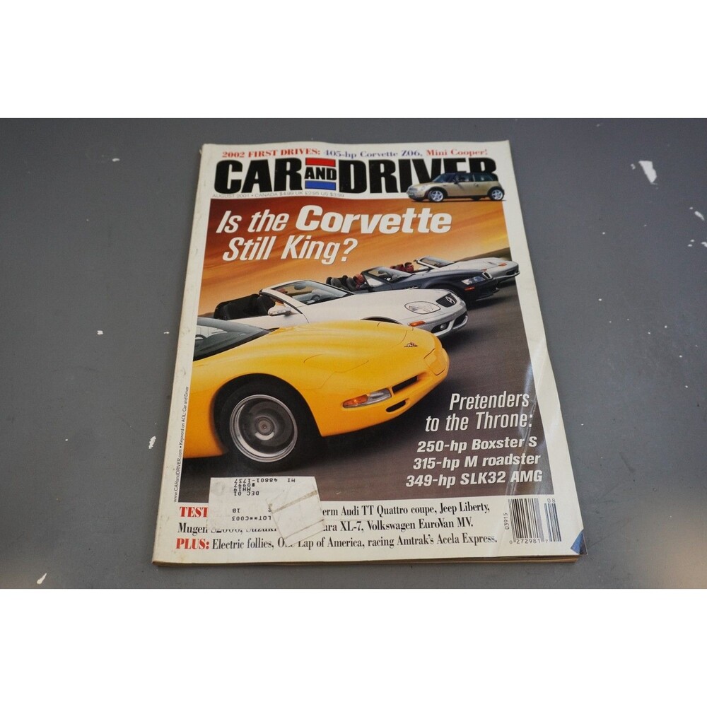 Car and Driver Magazine August 2001 Corvette Porsche Boxster S BMW M Roadster